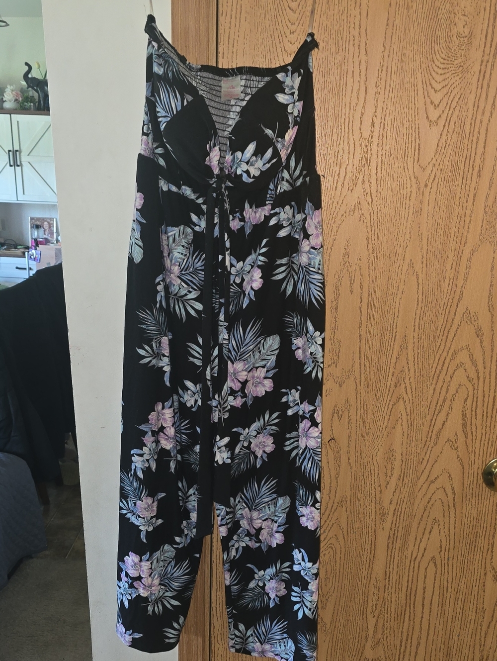 No Boundaries Black Floral Wide-Leg Jumpsuit with Pastel Blooms
